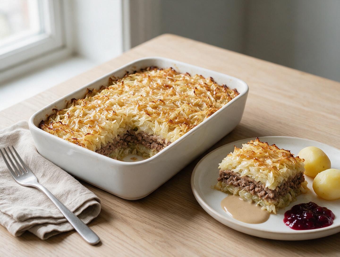 Kålpudding i en vit ugnsform med gyllene kål överst, en bit serverad med potatis, gräddsås och lingonsylt