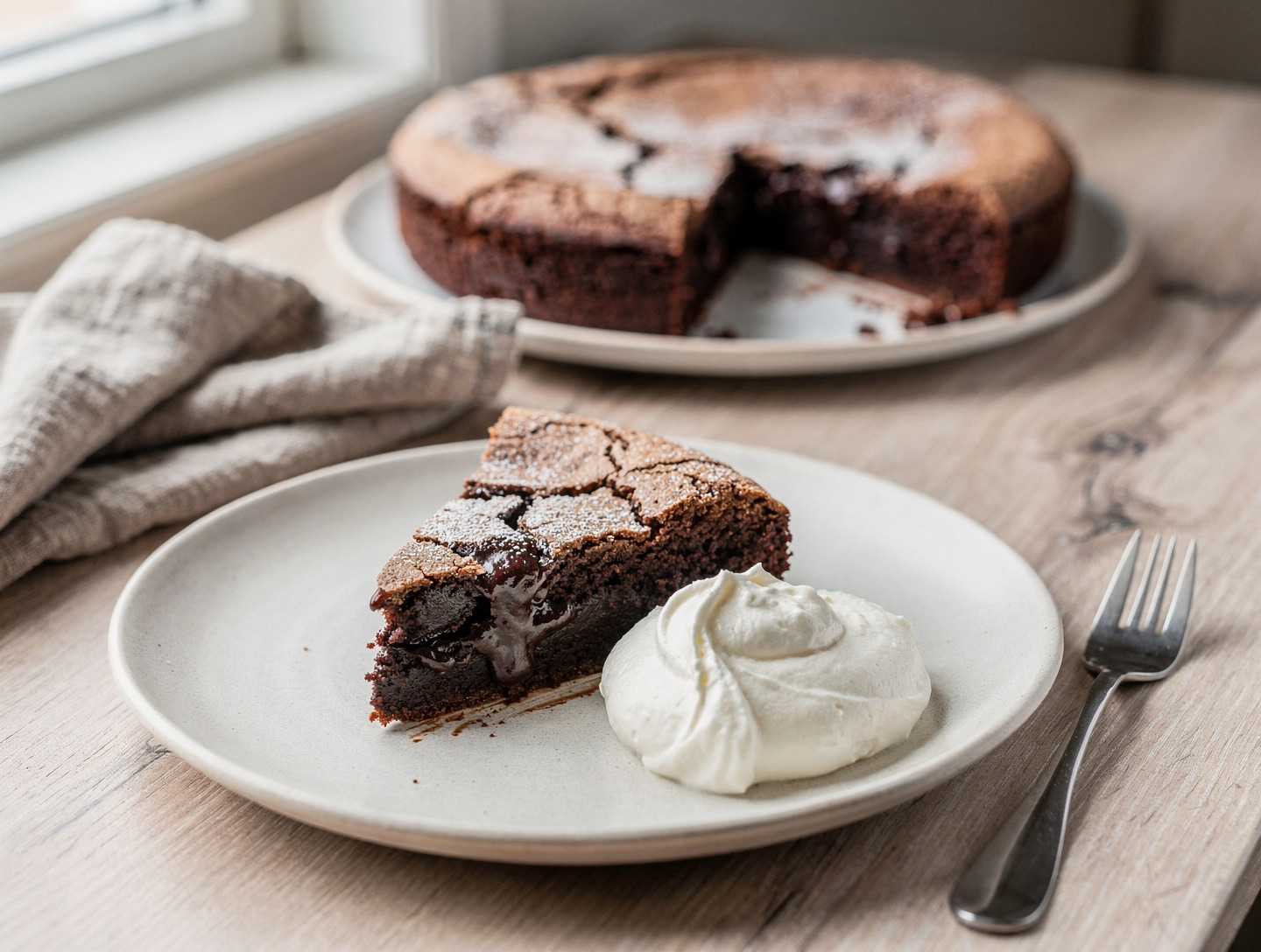 En bit kladdkaka med vispad grädde på ett fat, resten av kakan i bakgrunden