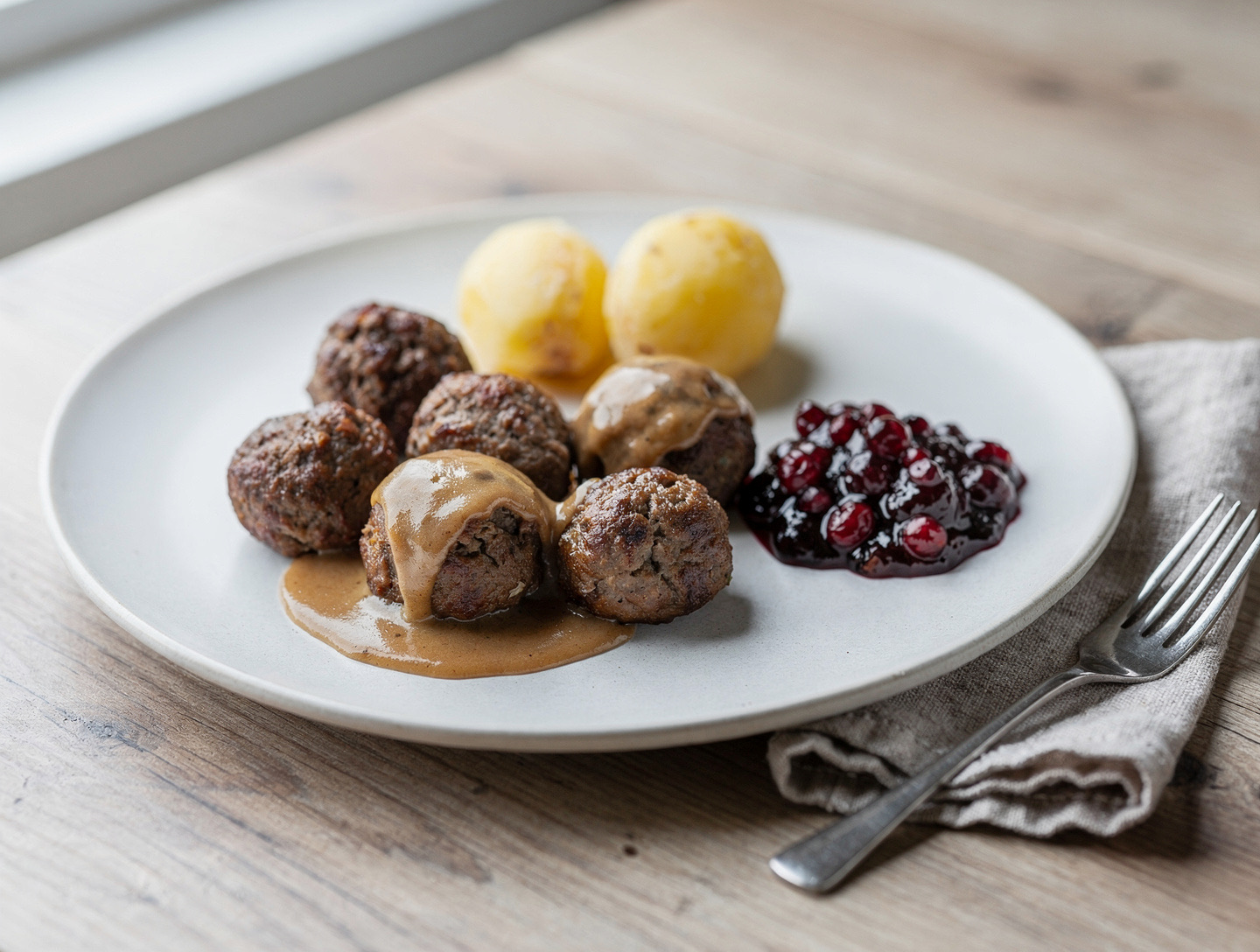 Runda köttbullar med gräddsås, två kokta potatisar och lingonsylt på en off-white tallrik