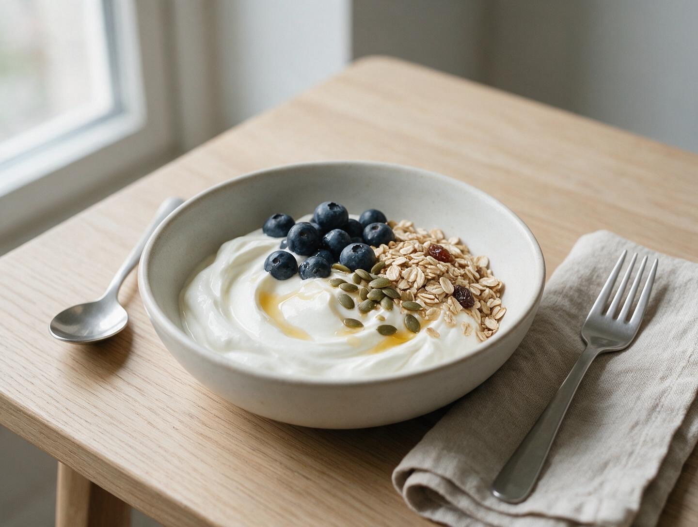 En skål naturell kvarg toppad med blåbär, müsli, pumpafrön och lite honung