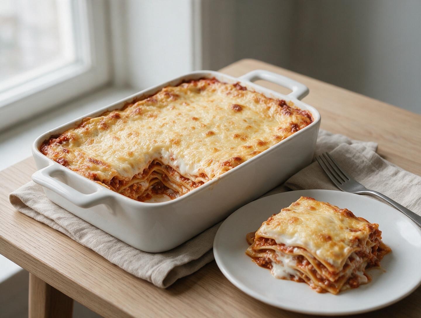 Hemlagad lasagne i en vit ugnsform med gratinerad yta, en bit serverad på en tallrik bredvid
