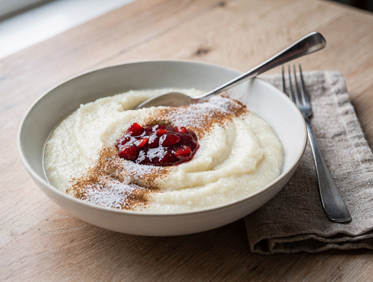 Slät mannagrynsgröt i en djup tallrik med jordgubbssylt och kanel och socker