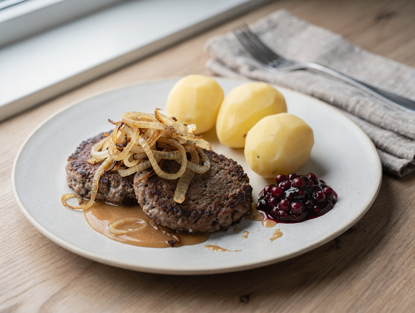 Två pannbiffar med stekt lök, gräddsås, kokt potatis och lingonsylt på en off-white tallrik