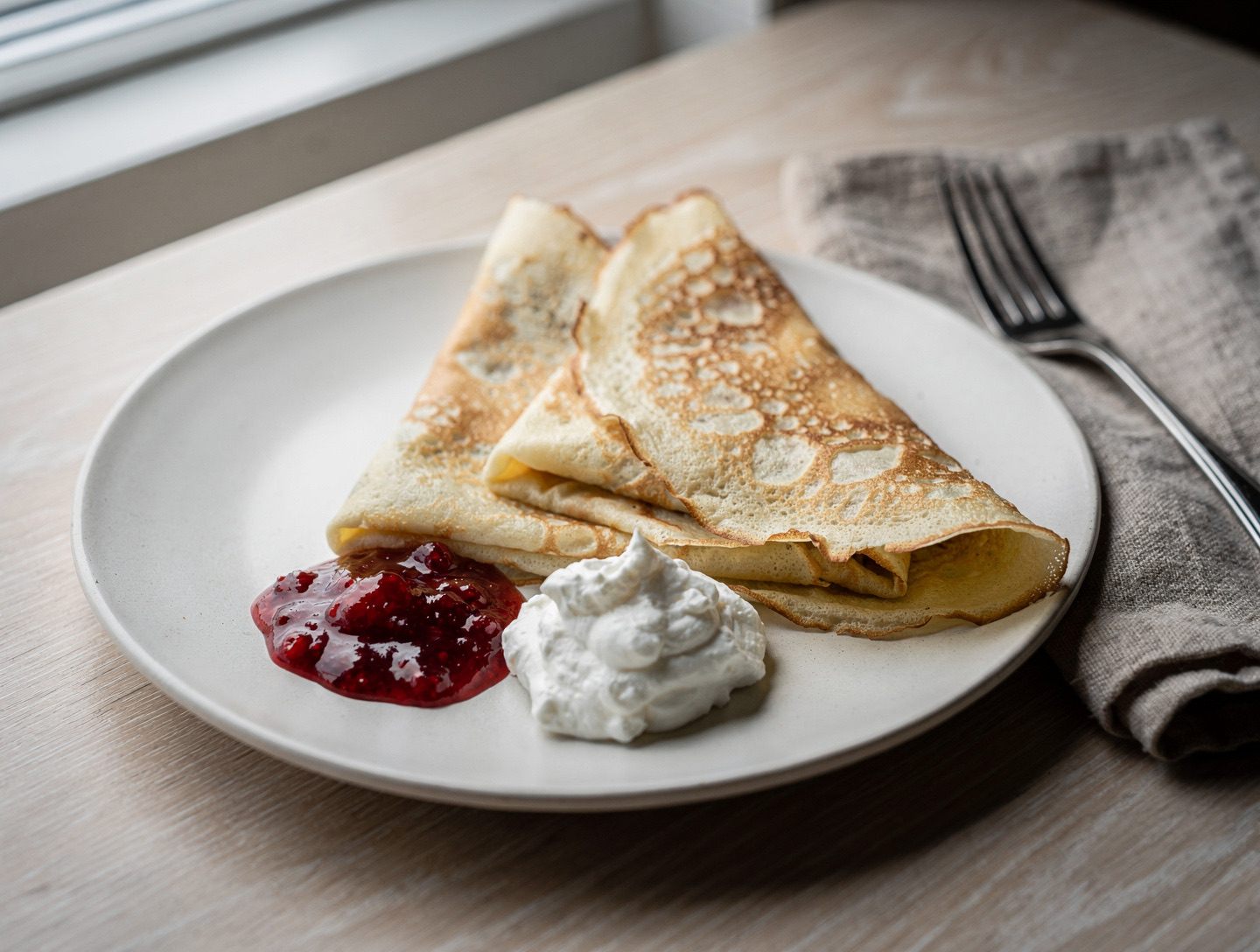 Tunna vikta pannkakor med jordgubbssylt och vispgrädde på en off-white tallrik