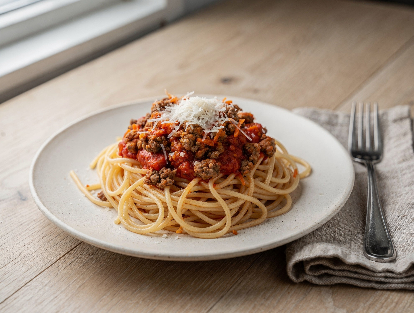 Spaghetti med köttfärssås och lite riven parmesan på en off-white tallrik