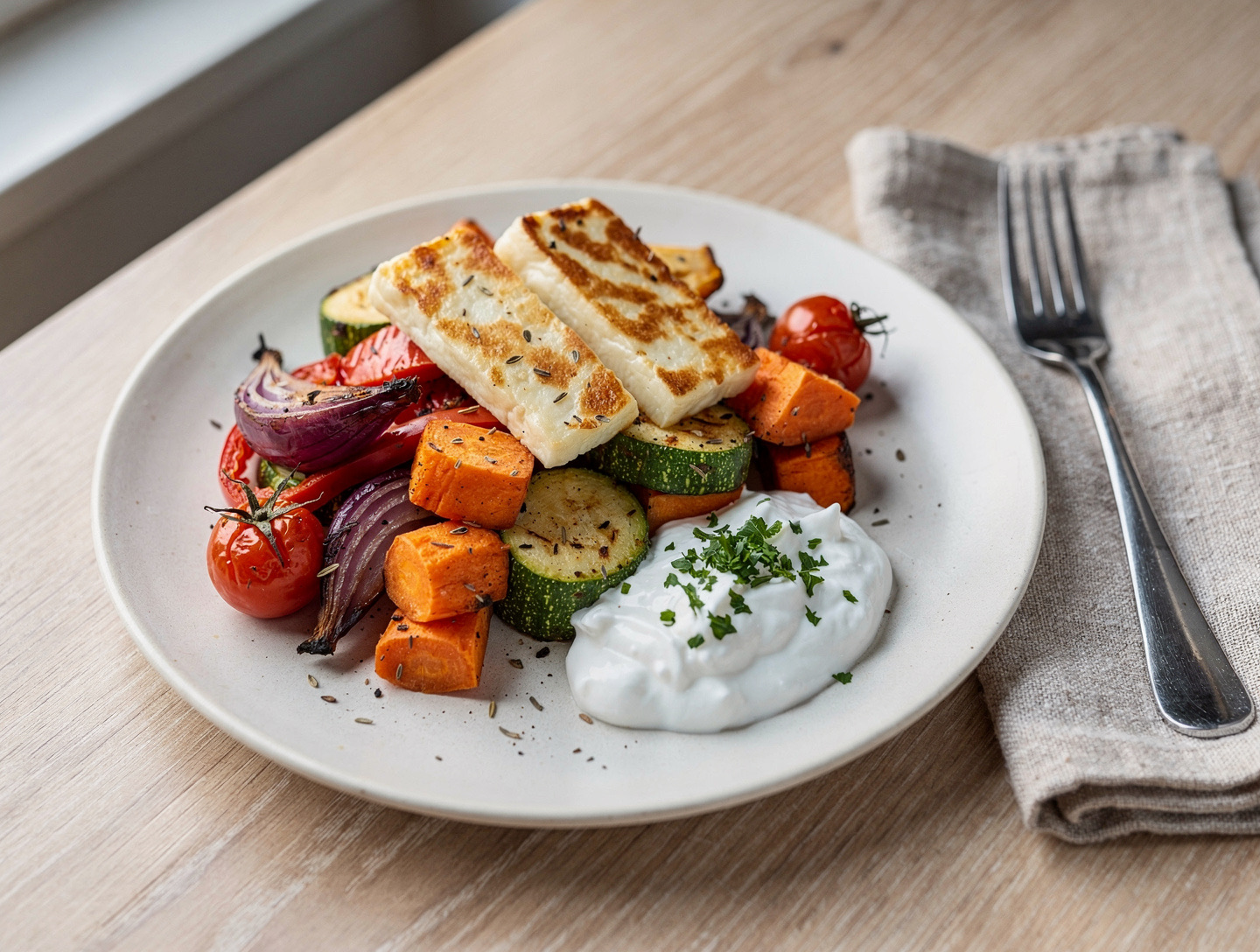 Ugnsrostad sötpotatis, morot, rödlök, paprika, zucchini och körsbärstomater med skivor av halloumi och en klick yoghurtsås på en off-white tallrik