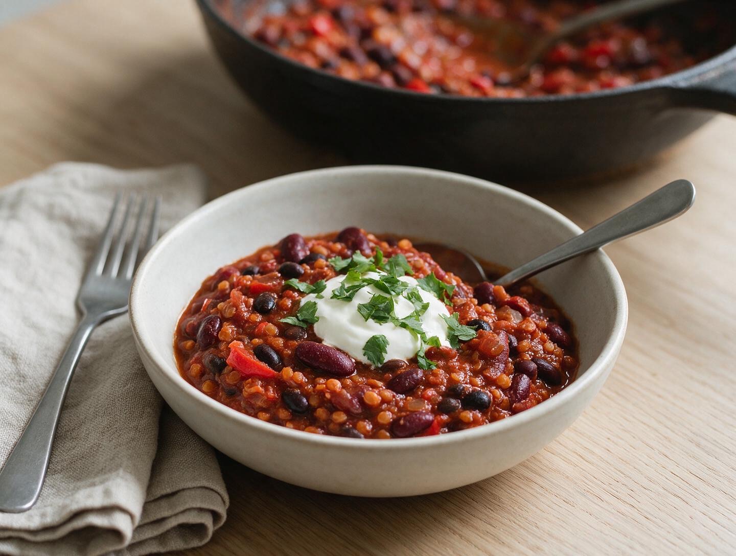 En skål vegetarisk chili med kidneybönor, svarta bönor och röda linser, toppad med gräddfil och koriander